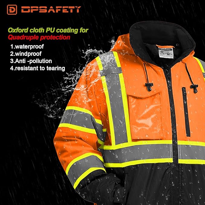 Hi Vis Safety jacket for men,Reflective high Visibility Hooded jacket,Work Bomber Jacket with Pockets and Zipper,Waterproof,ANSI Class 3 Black Bottom Tangerine,Large