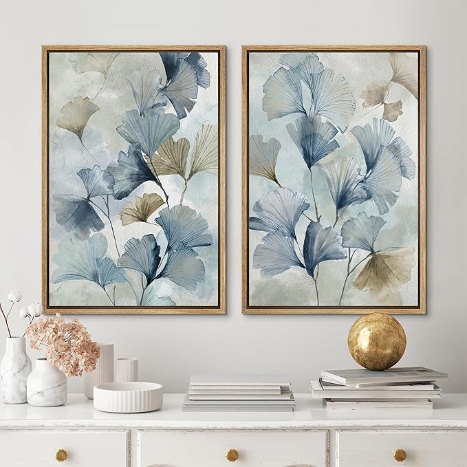 MUDECOR Framed Canvas Print Wall Art Blue Ginkgo Flower Illustrations Modern Art Decorative Bohemian Colorful Chic for Living Room, Bedroom, Office - 16"x24"x2 Natural