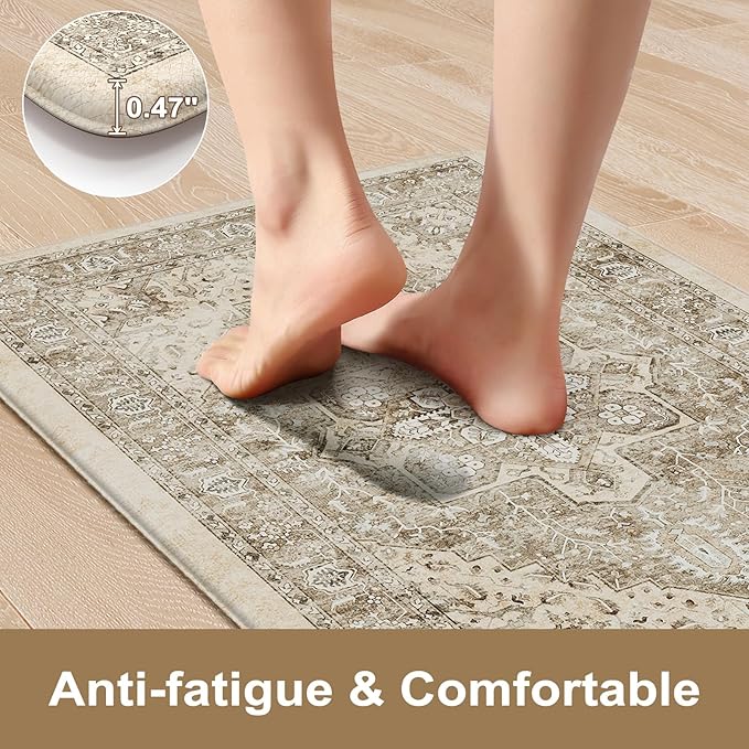 KIMODE Anti Fatigue Kitchen Mats 17"x59"+17"x29", Boho Kitchen Rugs Set of 2, Non-Slip Cushioned Kitchen Mats for Floor, Waterproof Kitchen Floor Mats for Sink, Laundry, Office, Desk Khaki
