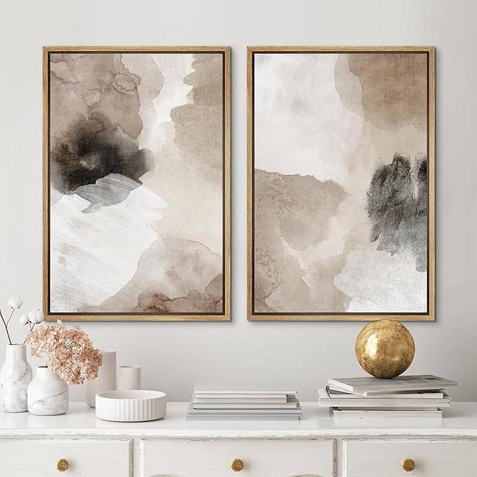 MUDECOR Framed Canvas Print Wall Art Watercolor Brown White Black Collage Abstract Shape Illustrations Modern Art Decorative Bohemian Colorful for Living Room, Bedroom, Office - 24"x36"x2 Natural