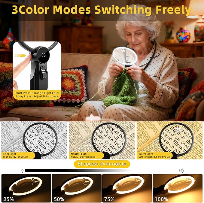 2500mAh Magnifying Glass with Light, Upgrade LCD Display Screen 5X/10X Lighted Magnifier for Seniors & Low Vision, Hands Free Magnifier for Reading, Knitting, Cross Stitch & Crafts(Black)