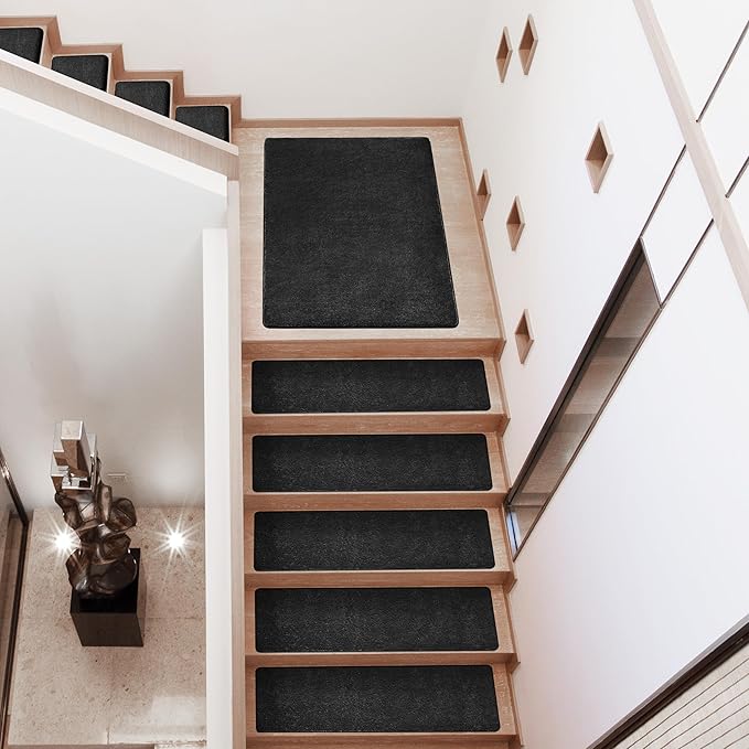 PURE ERA Carpet Stair Treads Ultra Plush 8" X 30" Soft Indoor Stair Protectors Pet-Friendly Non-Slip Skid Resistant Tape Free Washable Reusable(2 Pieces, Black)