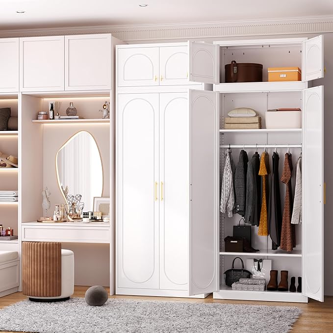 Armoire Wardrobe Closet with Hanging Rod, 86 Inch Tall Metal Wardrobe Cabinet, Metal Armoire with Doors, Large Freestanding Wardrobes for Bedroom, 18"D x 32"W x 86"H, White, Assemble Required