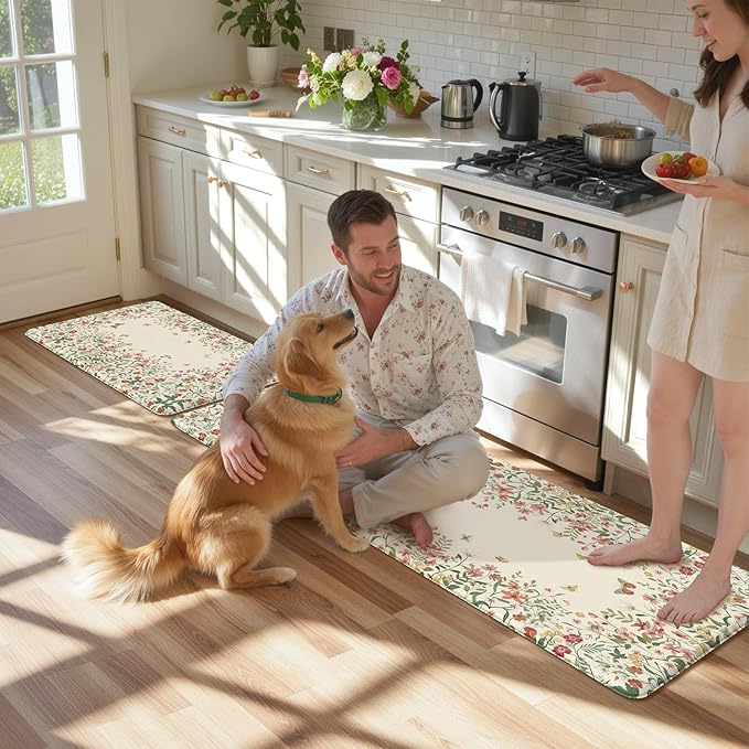 KIMODE Anti Fatigue Kitchen Mats for Floor 2 Piece, Beige Farmhouse Kitchen Rugs Sets of 2, Non Slip Waterproof Kitchen Floor Mats, Standing Mats for Laundry Office Sink Desk 20"x59"+20"x32"