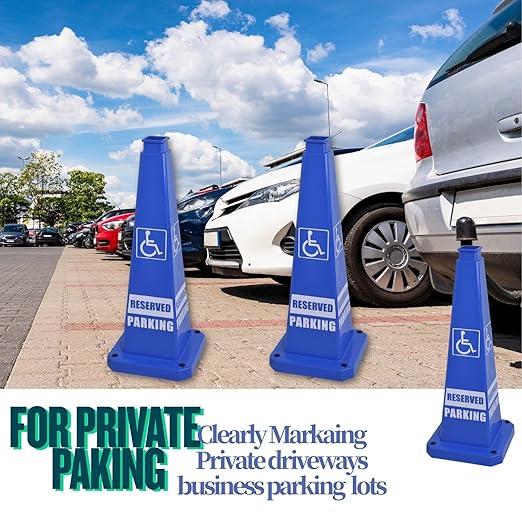 BESEA Reserved Parking Cone 3 Pack, 28" No Parking Sign Cone with Weighted Base, Blue 4-Sided “ Reserved Parking” Warning Cone for Driveways Business Parking Lots Garages Indoor/Outdoor