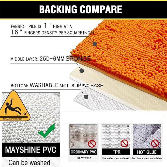 BOANKODU Bath Mat Sets 2 Piece, Soft Chenille Absorbent Non-Slip Mat, 32x20 U Shape + 20x20 Inch; Machine Washable (Orange)
