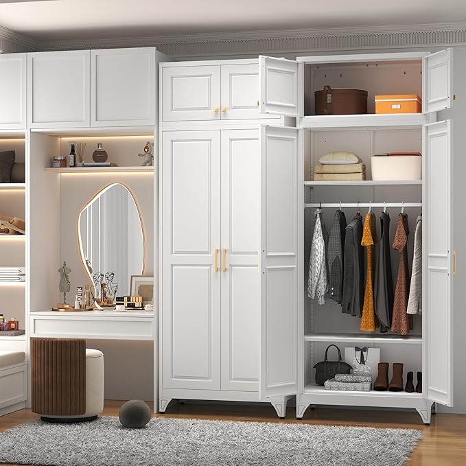 Metal Armoire Closet, 86 Inch Tall Wardrobe Armoire with Hanging Rod, Almirah for Clothes with Doors, 18" D x 32" W x 86" H, White, Assemble Required, Shipped in Two Packages