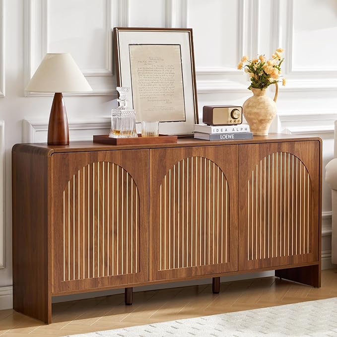 59" Sideboard Buffet Cabinet with Storage, Wood Arched TV Console Storage Cabinet with 3 Doors and Adjustable Shelf, Large Curved Accent Cabinet for Living Room Hallway Kitchen Dining Room, Walnut