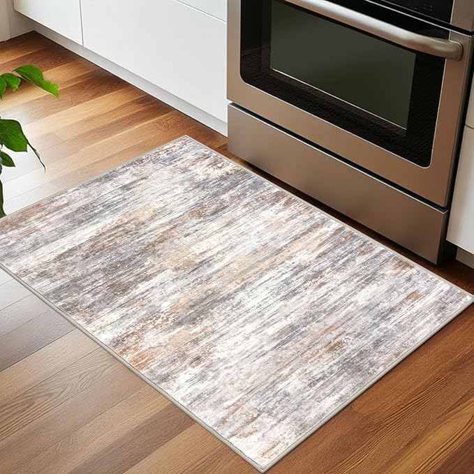 KOZYFLY Modern Abstract Small Area Rugs 2x3, Washable Kitchen Rug Non-Slip Soft Small Bathroom Rug, Multi Grey Striped Entryway Rugs Print Faux Wool Doormat for Bedside Entrance Bedroom Sink