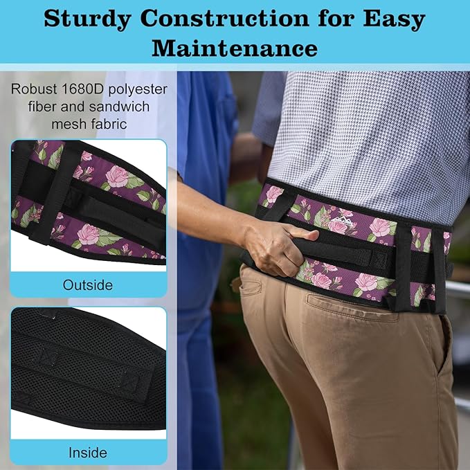 supregear Gait Belt - Anti-Slip Transfer Aid with 7 Handles and Quick-Release Buckle, Perfect for Senior Care, Floral Purple