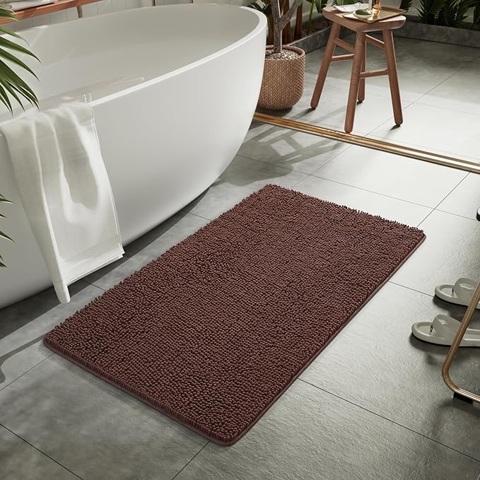 LOCHAS Luxury Bathroom Rug Shaggy Bath Mat 24 x 44 Inch, Washable Non Slip Bath Rugs for Bathroom Shower, Soft Plush Chenille Absorbent Carpets Mats, Brown