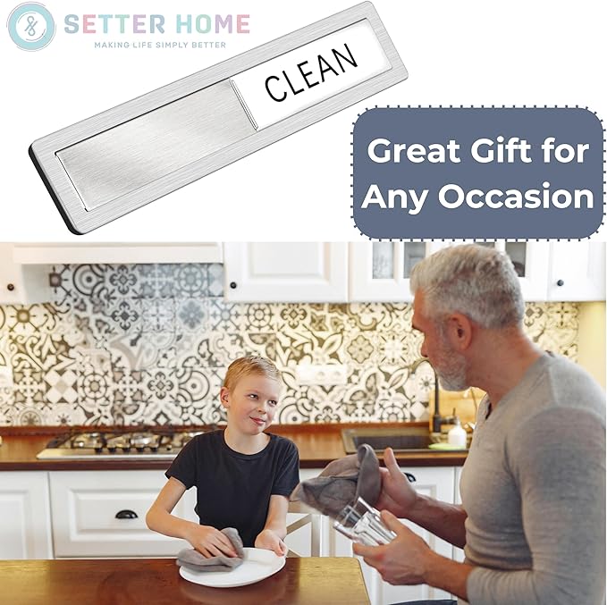 Clean dirty magnet for dishwasher, Premium Clean Dirty Sign Indicator - Stainless Steel Grade 304 Clean Dirty Magnet for Dishwasher, Grey & White Minimalistic Style, Easy to Read with Extra Adhesive Tape - Kitchen Organizer