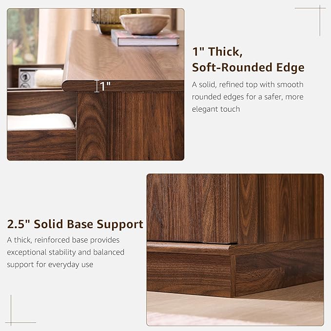 ACCOHOHO Modern Night Stand Set 2 with Arched Panel, 18" Nightstand with Charging Station, Side Table with 3 Storage Drawers, Wood Square Bedside End Table for Bedroom Living Room, Brown