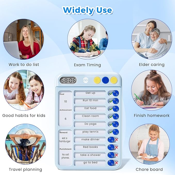 Magnetic Chore Chart for Kids with Timer, Visual Schedule for Kids, ADHD Tools for Kids to Do List, Checklist with 99-Min Countup/Countdown Chore Board with Sliders & Dry-Erase Sheets (Blue)