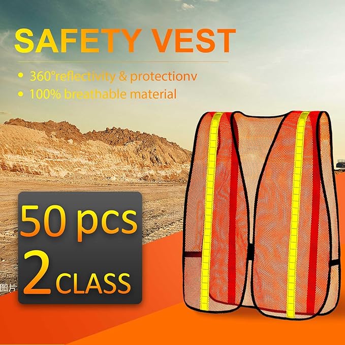 Haysandy 50 Pcs High Visibility Reflective Safety Vest Construction Vest Strips Neon Mesh Universal Size for Men Outdoor (Neon Orange)