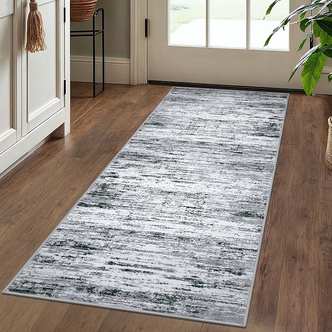 Modern Abstract Runner 2x5, Black Grey White Washable Kitchen Entryway Rug Mat Non-Slip Soft Hallway Rug Runner Thin Print Faux Wool Carpet for Bedroom Laundry Room Indoor Home Decor