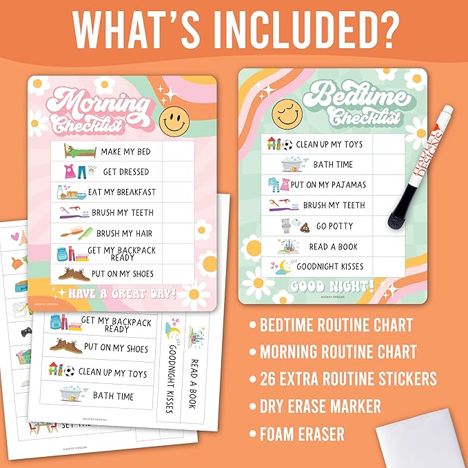 Magnetic Morning & Bedtime Routine Chart for Kids - Customizable Toddler Daily Schedule Board with Dry Erase Surface, Stickers & Marker, Build Habits with Visual Checklists, Retro Theme