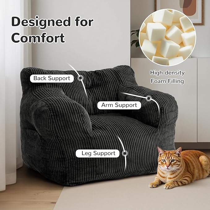 32" Bean Bag Chair,Loveseat Sofa,Corduroy Lazy Sofa Bed for Adults,Fit Living Room, Bedroom,Outdoor Spaces,Ultra Soft Dutch Velvet,Fluffy Comfort Washable Cover,72h Rebound,Black