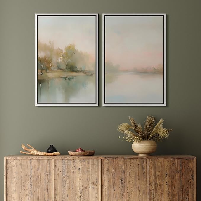MUDECOR Framed Canvas Print Wall Art Tranquil Reflection Serene River Landscape Illustrations Modern Art Decorative Bohemian Chic for Living Room, Bedroom, Office - 16"x24"x2 White