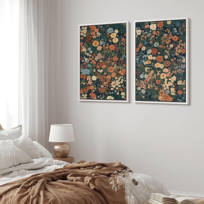 MUDECOR Framed Canvas Print Wall Art Vintage Floral Botanical Colorful Wildflowers Illustrations Modern Art Decorative Bohemian Colorful for Living Room, Bedroom, Office - 24"x36"x2 White
