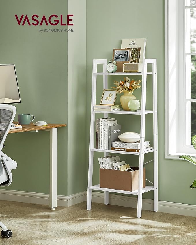 VASAGLE Ladder Shelf, 4-Tier Bookshelf, Storage Rack, Bookcase with Steel Frame, for Living Room, Home Office, Kitchen, Bedroom, Industrial Style, Maple White and Pearl White ULLS044W44