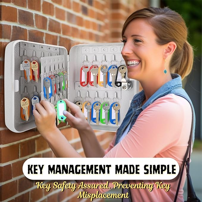 Flexzion Key Box Wall Mount With Code - 40 Capacity Key Box Organizer, Lock Box Key Holder, Secure & Durable Key Storage Box Cabinet with Colored Tags & Hooks for Homes & Business, Gray