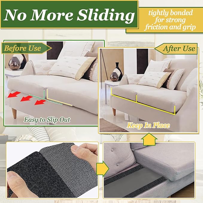 TEUVO 4.3 Inch x 26.3 Feet Adhesive Non Slip Couch Cushion Grip Hook and Loop Tape, Keep Couch Cushions from Sliding Adhesive Strips Double Sided Hook Loop for Sofa Cover Mattress Rug Anti Slip Black