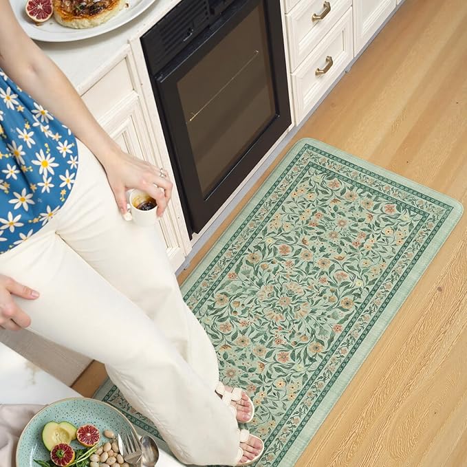 KIMODE Kitchen Mats Cushioned Anti Fatigue 20"x39", Green Floral Kitchen Mats for Floor, Padded Kitchen Floor Mats Non Slip, Standing Mat for Laundry Office Sink Desk