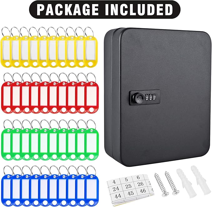 Kikerike Key Box Wall Mount, 48 Key Hooks & Tags, Steel Security Locking Key Cabinet, Storage Key Lock Box with Code, Key Management Cabinet with Combination Lock
