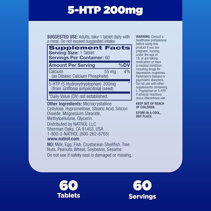 Natrol 5-HTP 200mg Dietary Supplement to Support a Balanced Mood, 60 Time Release Tablets, 60 Day Supply