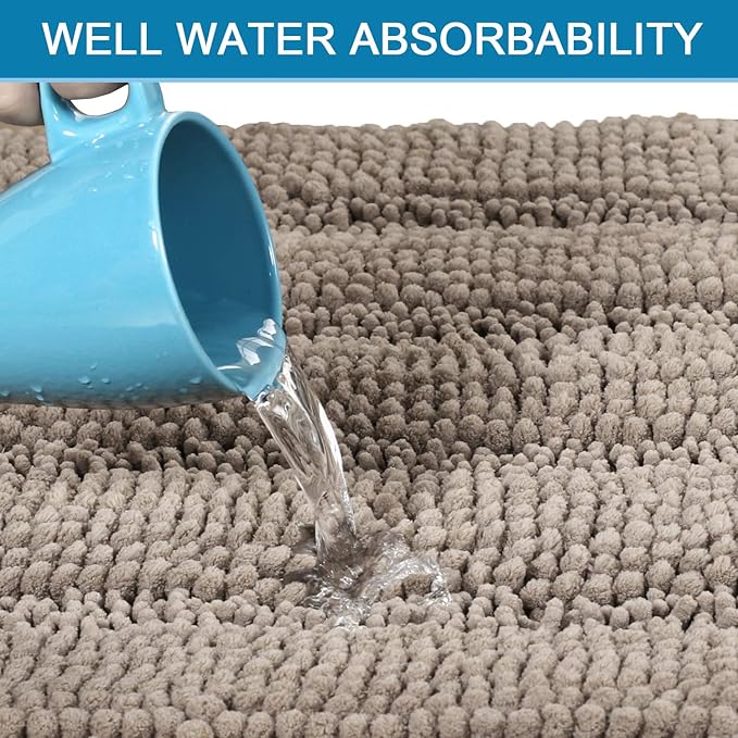 H.VERSAILTEX Bath Rugs for Bathroom Non Slip Bath Mats Extra Thick Chenille Striped Bath Rug Runners 47" x 17" Absorbent Fluffy Soft Shaggy Mats Dry Fast Plush Area Carpet for Bath Room - Taupe