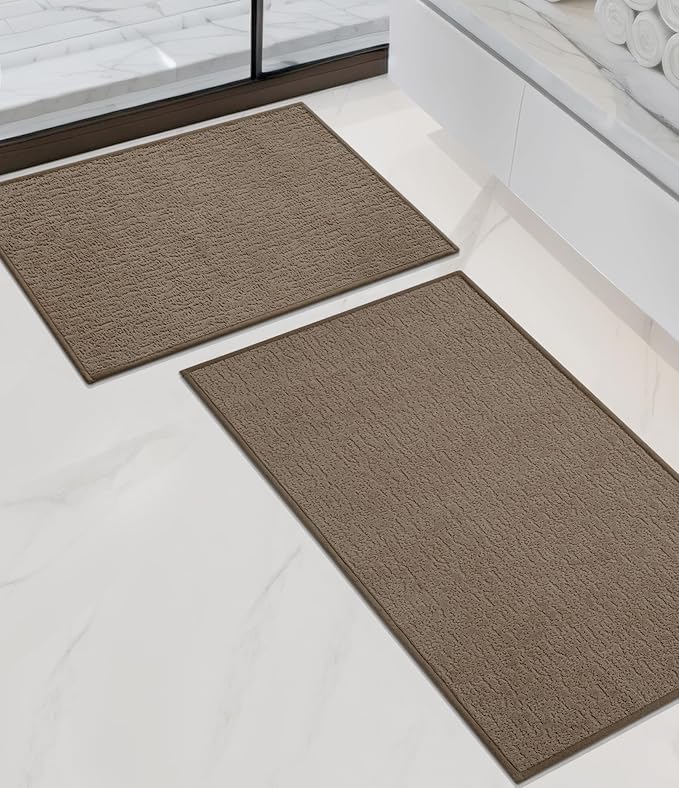 Chakme 2 Piece Bathroom Rug Sets, Ultra Thin Bath Mat, Absorbent & Quick Drying, Non Slip, Durable, Easy to Clean, Geometric Design, Coffee, 17" x 24"