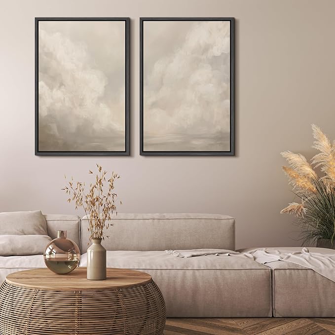 MUDECOR Framed Canvas Print Wall Art Neutral Cloudscape Soft Abstract Sky Illustrations Modern Art Decorative Bohemian Colorful Chic for Living Room, Bedroom, Office - 16"x24"x2 Black