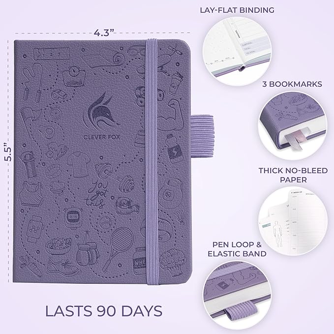 Clever Fox Fitness & Food Journal Pocket – Nutrition & Workout Planner for Women & Men – Diet & Gym Exercise Log Book with Calendars, Diet & Training Trackers – Lasts 3 Months, 4.3x5.5” (Lavender)