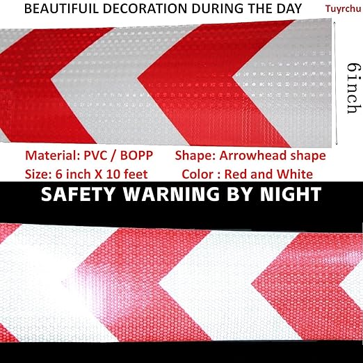Reflective Tape Red and White 6 inch X 10 feet, Outdoor Waterproof Hazard Conspicuity Warning Industrial Marking Tape