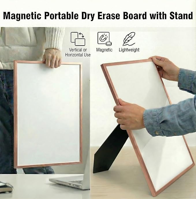 Small Whiteboard 12 x 16 Inch Magnetic Dry Erase Board with Stand & Wall Mount | Rose Gold Aluminum Frame | Planner Board with Weekly & Monthly Sheets | 3 Markers, Eraser & 2 Magnets