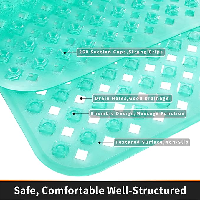 Yimobra Non Slip Bath Mat, Super Strong Suction Cups,34.5"x15.5"Long Tub Mat with Drain Holes, Machine Washable Fast Draining Shower Mats, Bathroom Essentials,Clear Green