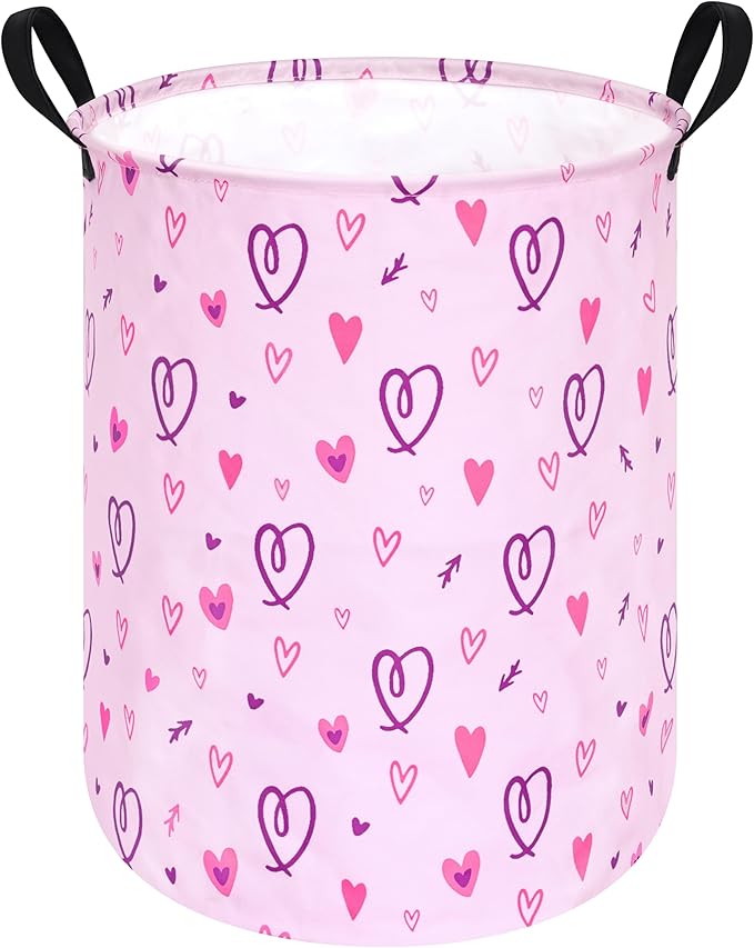 19.7" Round Pink Valentine's Day Laundry Clothes Hamper Laundry Basket with Handles,Storage Organizer Bins Laundry Gift Basket for Room, Bedroom Decor
