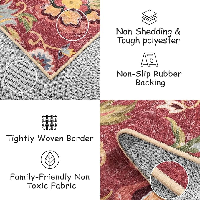 Beeiva Floral 4x6 Rug for Bedroom, Vintage Machine Washable Area Rugs, Ultra Thin Living Room Carpet Lightweight Red Paisley Print Carpet for Bedroom Entryway Bathroom Office Christmas