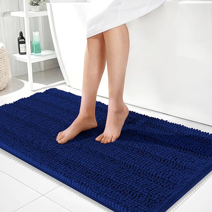 OLANLY Thick Bathroom Rugs 44x24, Extra Soft Absorbent Chenille Striped Bath Rugs, Rubber Backing, Machine Wash Dry, Bath Mats for Bathroom Floor, Tub and Shower, Home Decor Accessories, Navy
