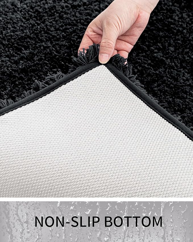 Bathroom Rugs, Ultra Thick Shaggy Soft Microfiber Absorbent Bath Rug, High Density Foam Latex Non Slip Backing, Machine Washable Bath Mats for Bathroom Floor & Sink 24x17, Black