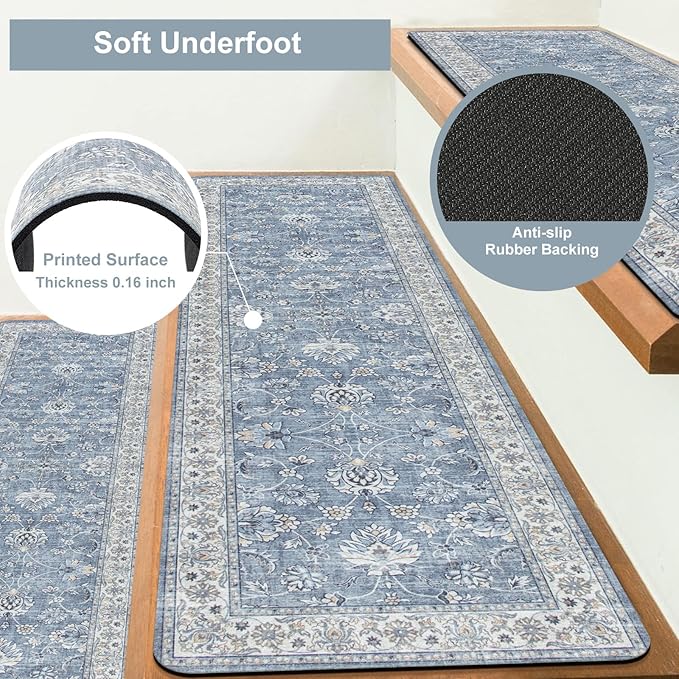 OJIA Non-Slip Stair Treads - 30"x8" Washable Carpet Stair Treads with Slip Resistant Rubber Backing for Kids, Elders and Dogs, 4PCS, Blue