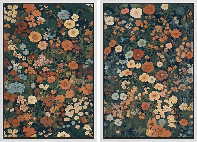MUDECOR Framed Canvas Print Wall Art Vintage Floral Botanical Colorful Wildflowers Illustrations Modern Art Decorative Bohemian Colorful for Living Room, Bedroom, Office - 16"x24"x2 White