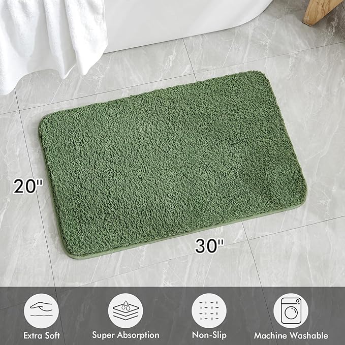 MIULEE Extra Thick Non Slip Bathroom Rug Shaggy Soft Bath Mat Plush Microfiber Absorbent Water for Shower Tub Machine Washable (Moss Green, 20x30 Inches)