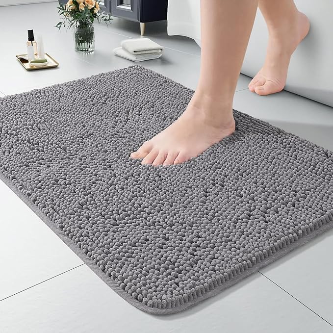 LOCHAS Luxury Bathroom Rug Shaggy Bath Mat 24 x 36 Inch, Washable Non Slip Bath Rugs for Bathroom Shower, Soft Plush Chenille Absorbent Carpets Mats, Gray