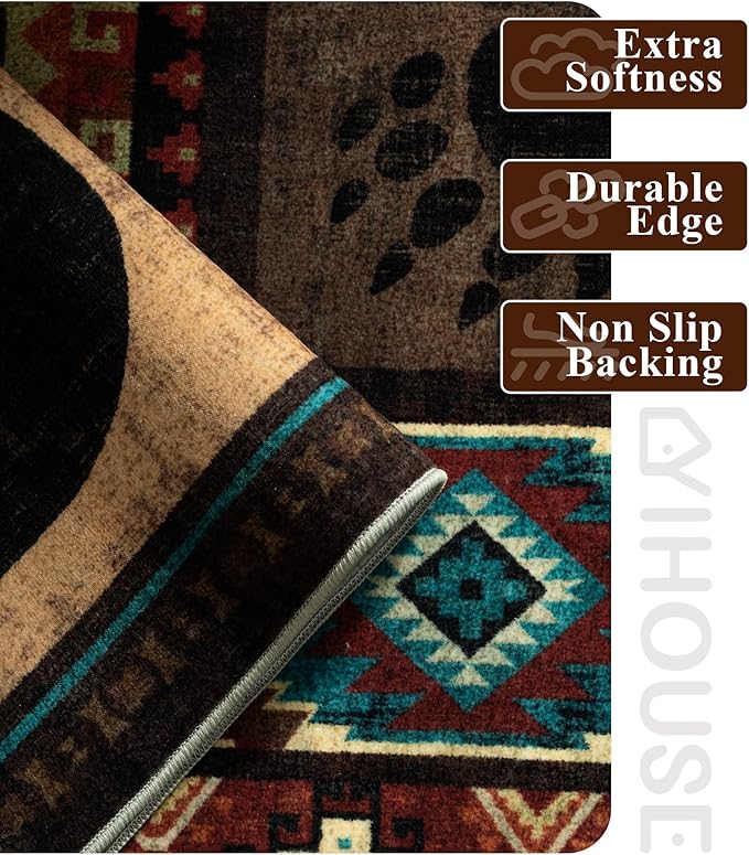 YIHOUSE Rustic Cabin Rugs for Living Room 9x12, Wildlife Bear & Deer Area Rug, Washable Southwestern Lodge Large Area Rug