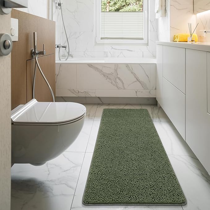 LOCHAS Luxury Bathroom Rug Shaggy Bath Mat 24 x 70 Inch, Washable Non Slip Bath Rugs for Bathroom Shower, Soft Plush Chenille Absorbent Carpets Mats, Olive Green