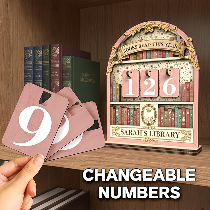 Personalized Book Tracker Sign, Custom Books Read This Year Counter, Book Lover Gift for Teachers, Women, Librarians, Readers, Bookshelf Accessories for Wall & Table, Wooden Hanging Library Décor