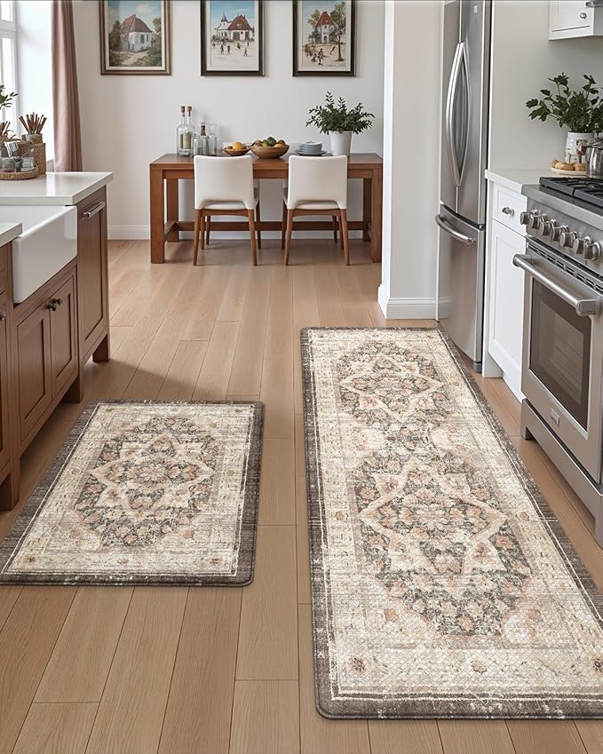 DEXI Kitchen Floor Mats Anti Fatigue, 17x29+17x59 Large Cushioned Runner Rug Waterproof, Standing Comfort Memory Foam Padded for Front Sink Laundry Office Set of 2, Beige and Brown