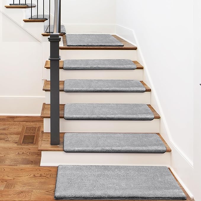 PURE ERA Carpet Stair Treads Ultra Plush 9.5" X 30"Soft Bullnose Indoor Stair Protectors Pet-Friendly Non-Slip Skid Resistant Tape Free Washable Reusable (14 Pieces, Gray)
